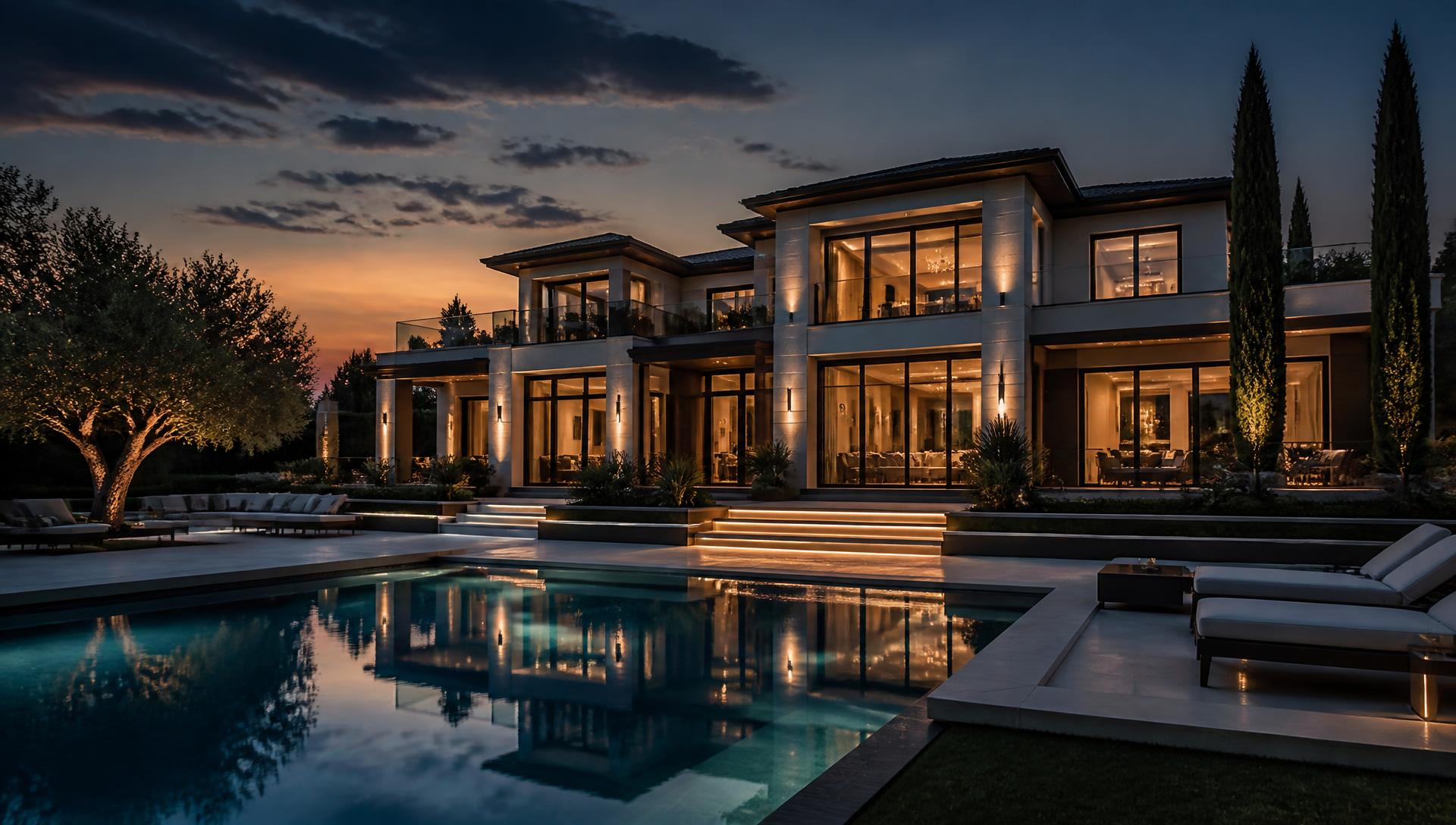 Illuminated luxury residence at dusk with reflecting pool